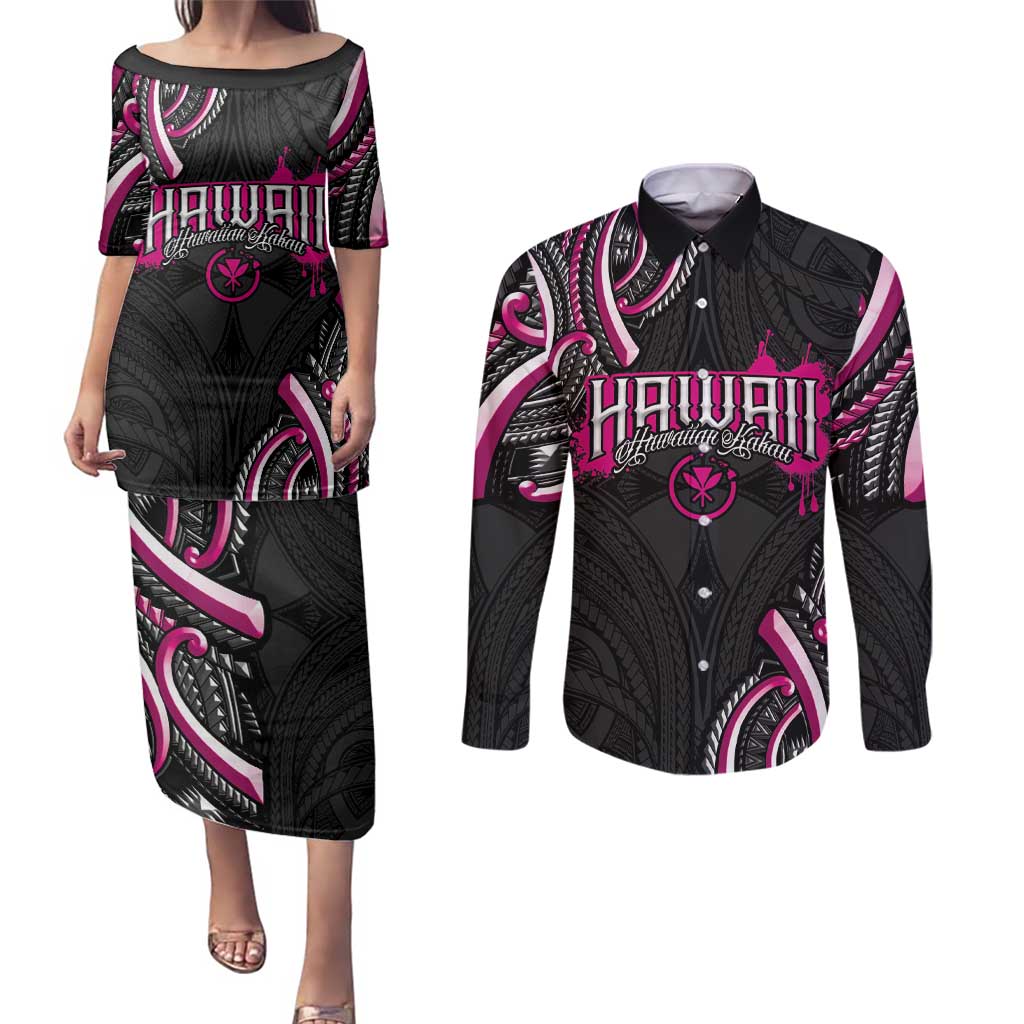 Traditional Art Hawaiian Kakau Tattoos Couples Matching Puletasi and Long Sleeve Button Shirt Pink Color LT03 Pink - Polynesian Pride