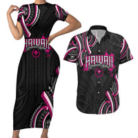 Traditional Art Hawaiian Kakau Tattoos Couples Matching Short Sleeve Bodycon Dress and Hawaiian Shirt Pink Color - Polynesian Pride