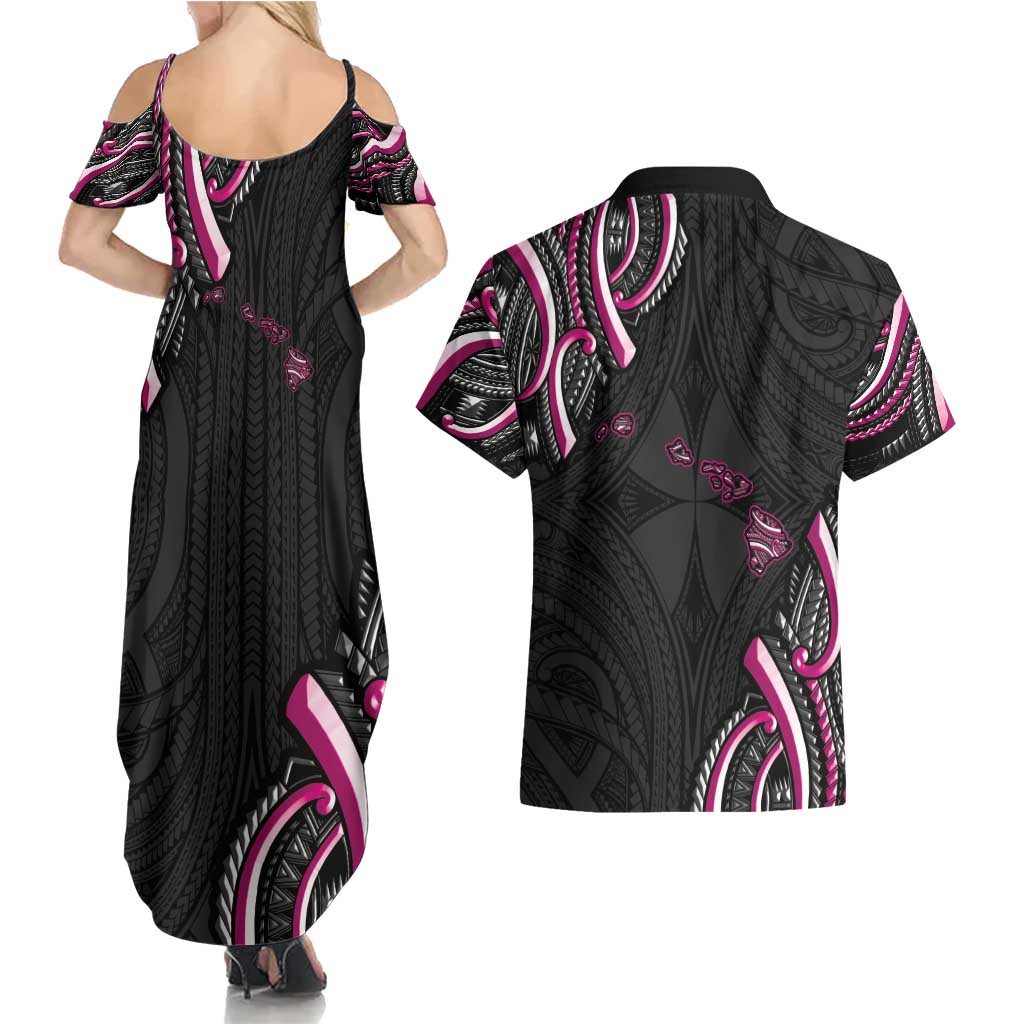 Traditional Art Hawaiian Kakau Tattoos Couples Matching Summer Maxi Dress and Hawaiian Shirt Pink Color - Polynesian Pride