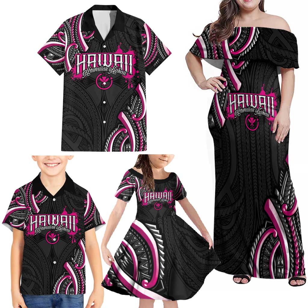Traditional Art Hawaiian Kakau Tattoos Family Matching Off Shoulder Maxi Dress and Hawaiian Shirt Pink Color LT03 - Polynesian Pride