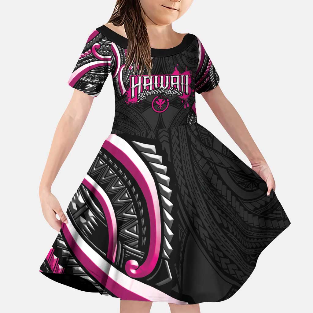 Traditional Art Hawaiian Kakau Tattoos Family Matching Puletasi and Hawaiian Shirt Pink Color LT03 Daughter's Dress Pink - Polynesian Pride
