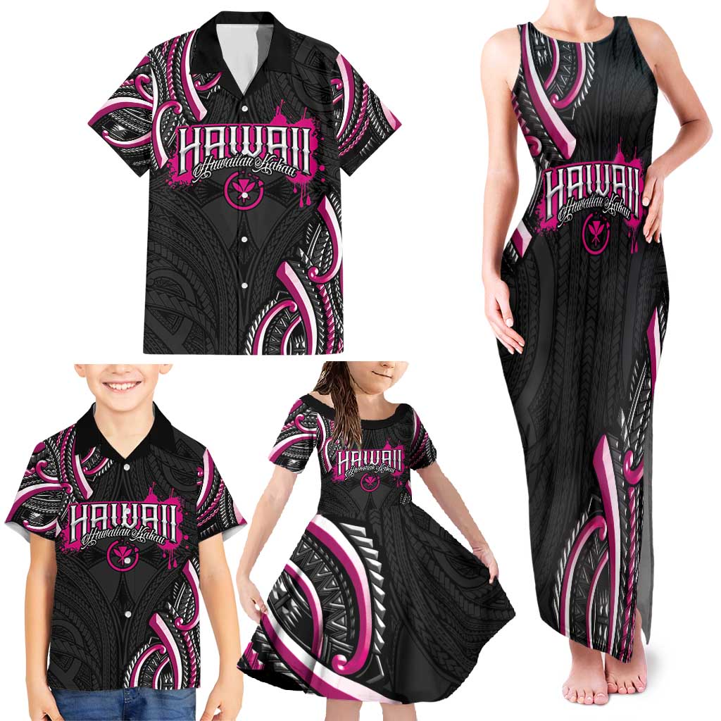 Traditional Art Hawaiian Kakau Tattoos Family Matching Tank Maxi Dress and Hawaiian Shirt Pink Color LT03 - Polynesian Pride