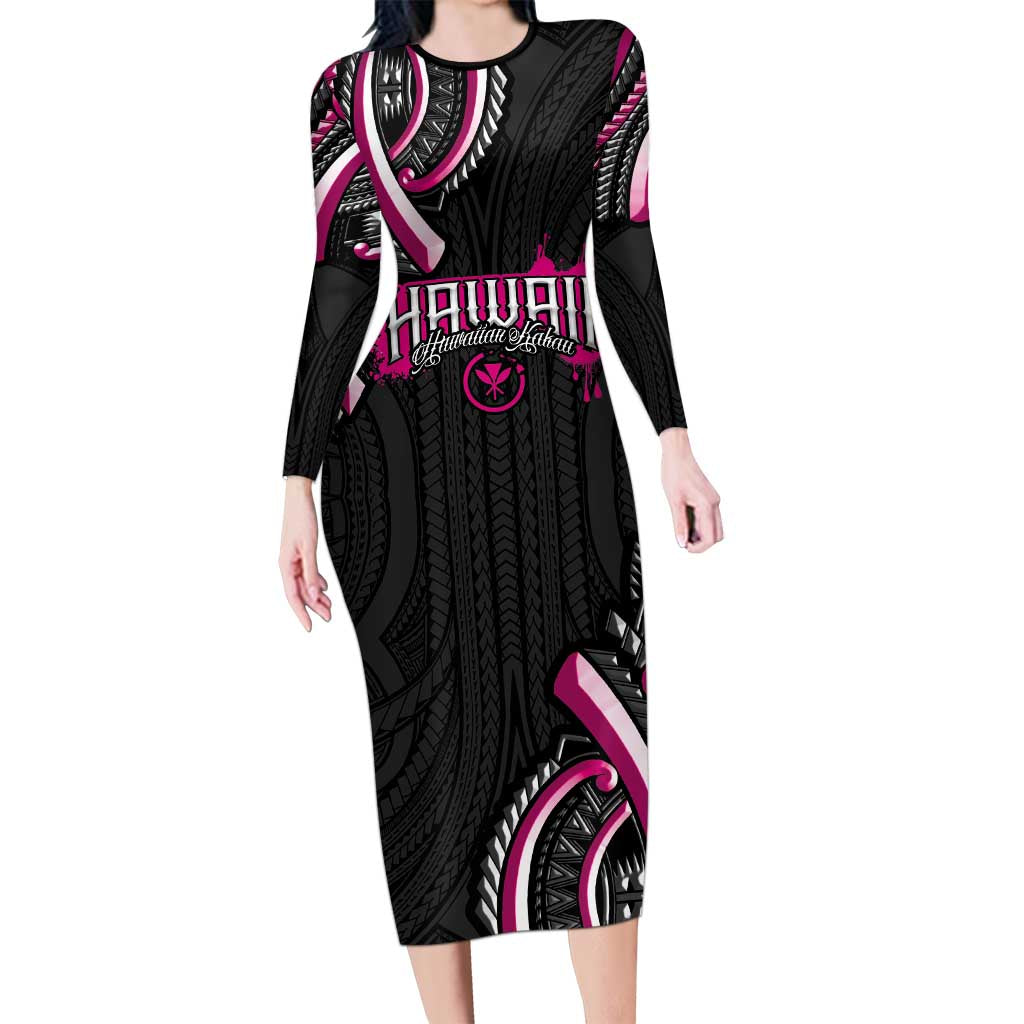 Traditional Art Hawaiian Kakau Tattoos Long Sleeve Bodycon Dress Pink Color LT03 Long Dress Pink - Polynesian Pride