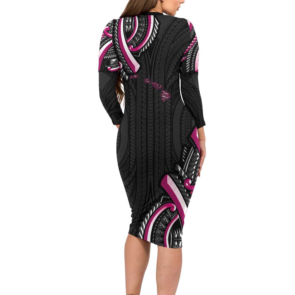 Traditional Art Hawaiian Kakau Tattoos Long Sleeve Bodycon Dress Pink Color LT03 - Polynesian Pride