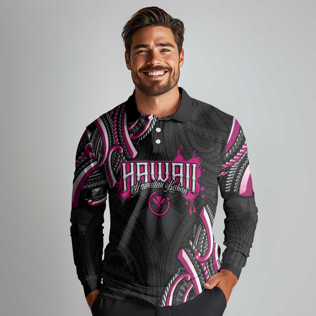 Traditional Art Hawaiian Kakau Tattoos Long Sleeve Polo Shirt Pink Color LT03 - Polynesian Pride