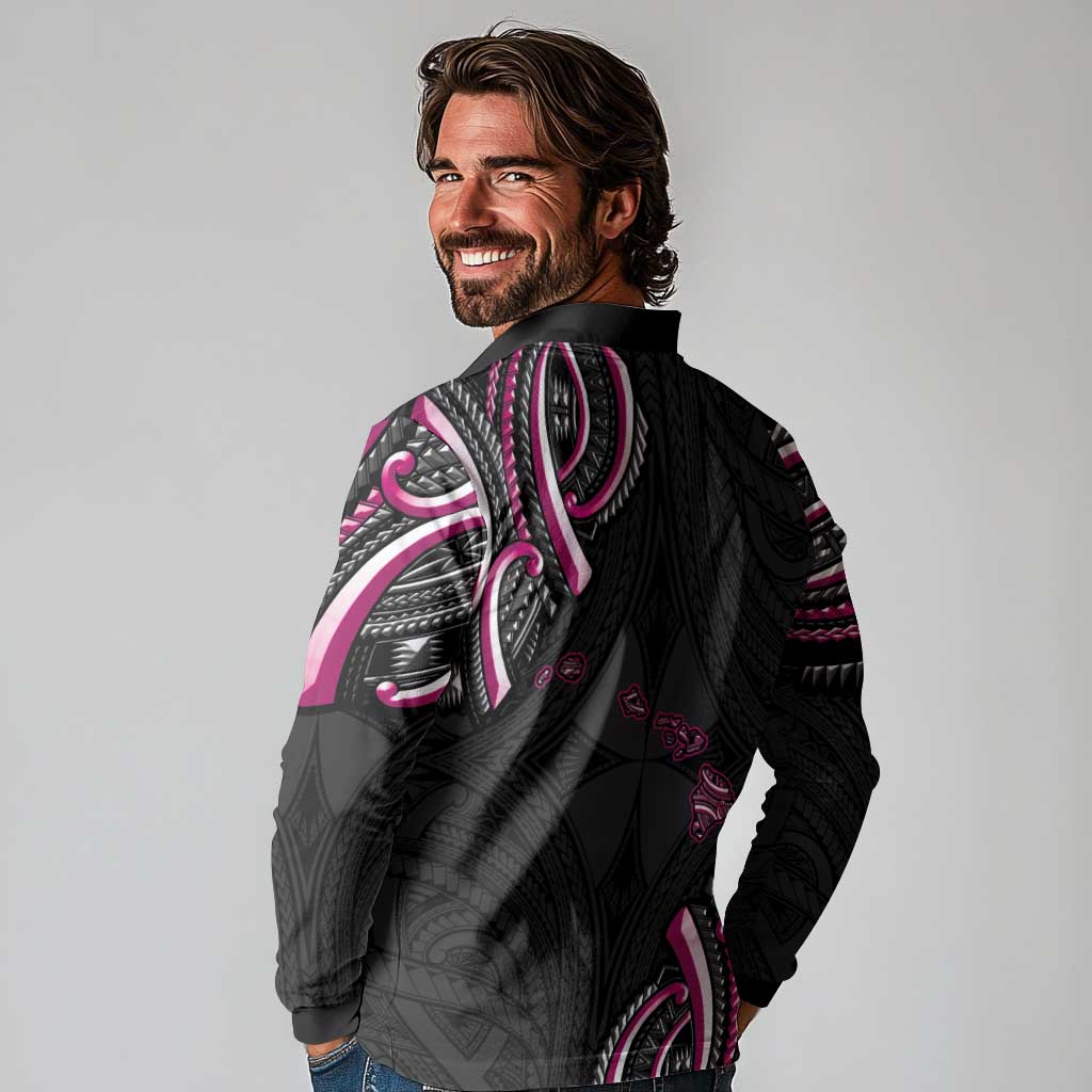 Traditional Art Hawaiian Kakau Tattoos Long Sleeve Polo Shirt Pink Color LT03 - Polynesian Pride