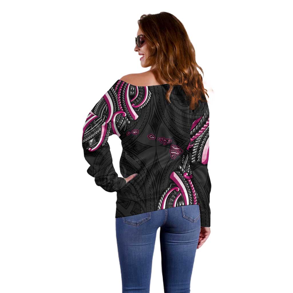 Traditional Art Hawaiian Kakau Tattoos Off Shoulder Sweater Pink Color - Polynesian Pride