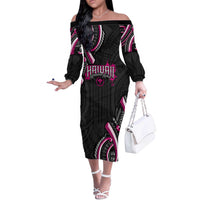 Traditional Art Hawaiian Kakau Tattoos Off The Shoulder Long Sleeve Dress Pink Color LT03 Women Pink - Polynesian Pride
