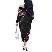 Traditional Art Hawaiian Kakau Tattoos Off The Shoulder Long Sleeve Dress Pink Color LT03 - Polynesian Pride