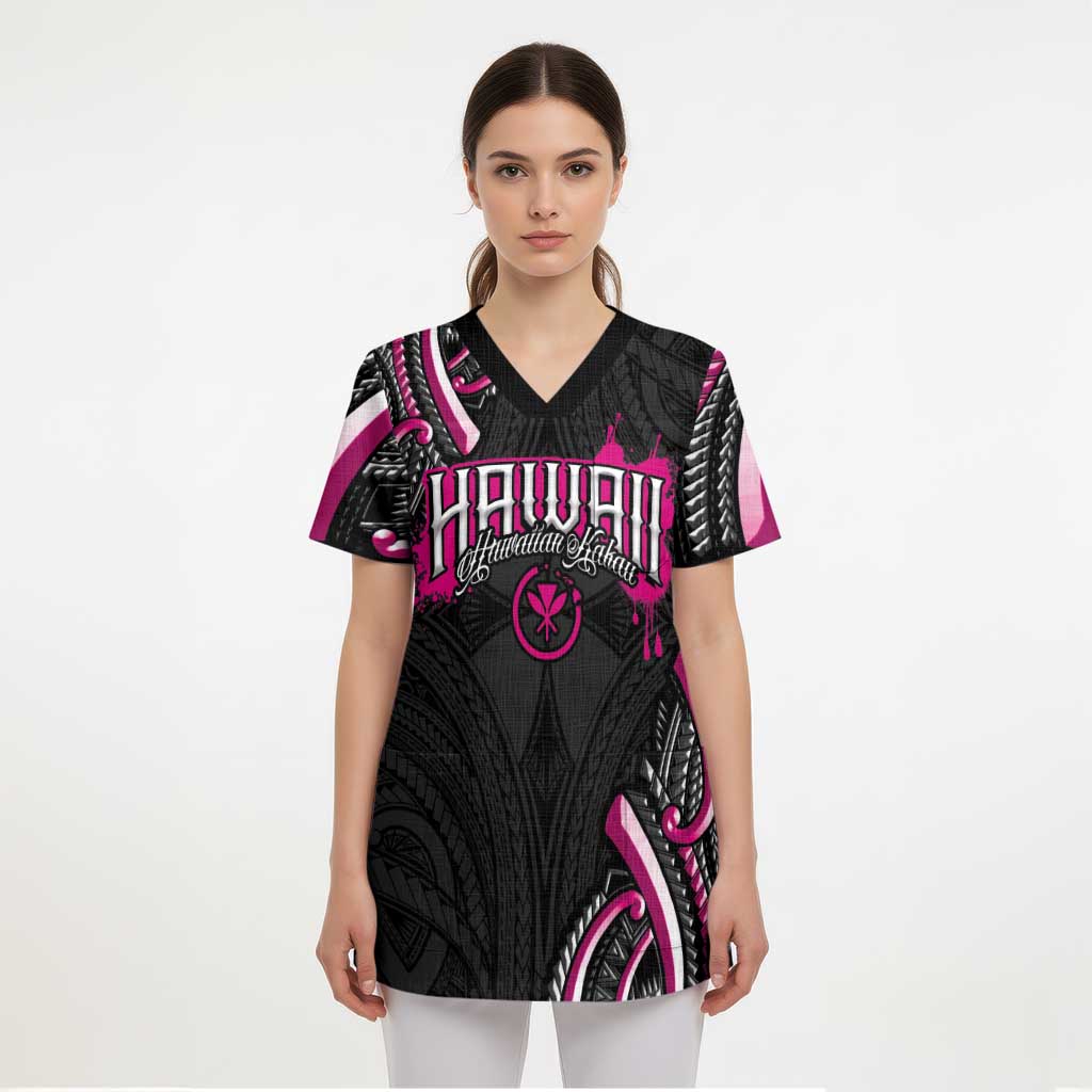 Traditional Art Hawaiian Kakau Tattoos Scrub Top Pink Color - Polynesian Pride