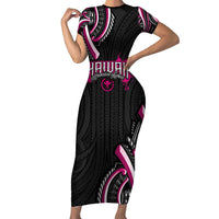Traditional Art Hawaiian Kakau Tattoos Short Sleeve Bodycon Dress Pink Color LT03 Long Dress Pink - Polynesian Pride