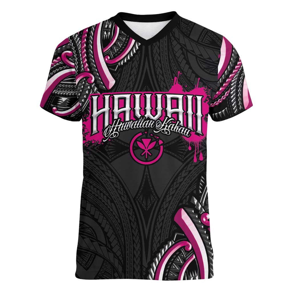Traditional Art Hawaiian Kakau Tattoos Women V-Neck T-Shirt Pink Color LT03 Female Pink - Polynesian Pride