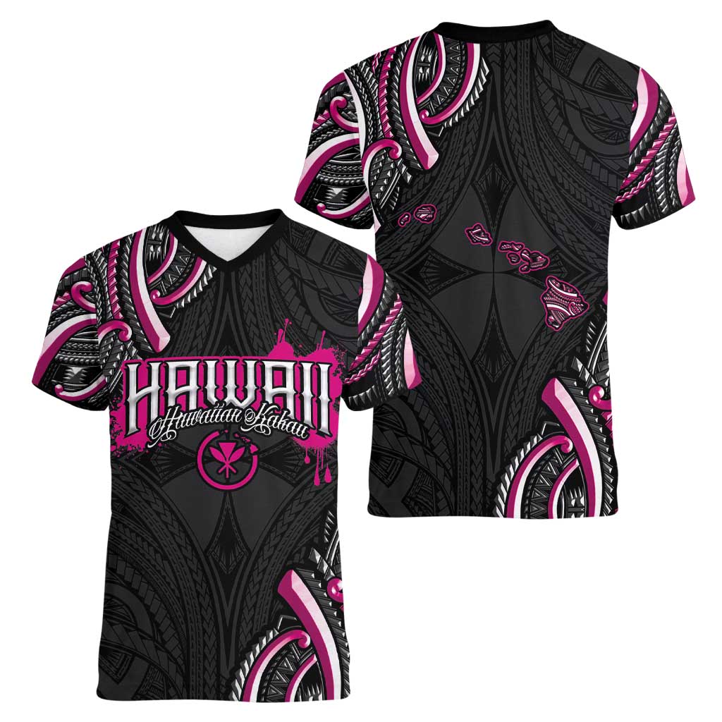 Traditional Art Hawaiian Kakau Tattoos Women V-Neck T-Shirt Pink Color LT03 - Polynesian Pride