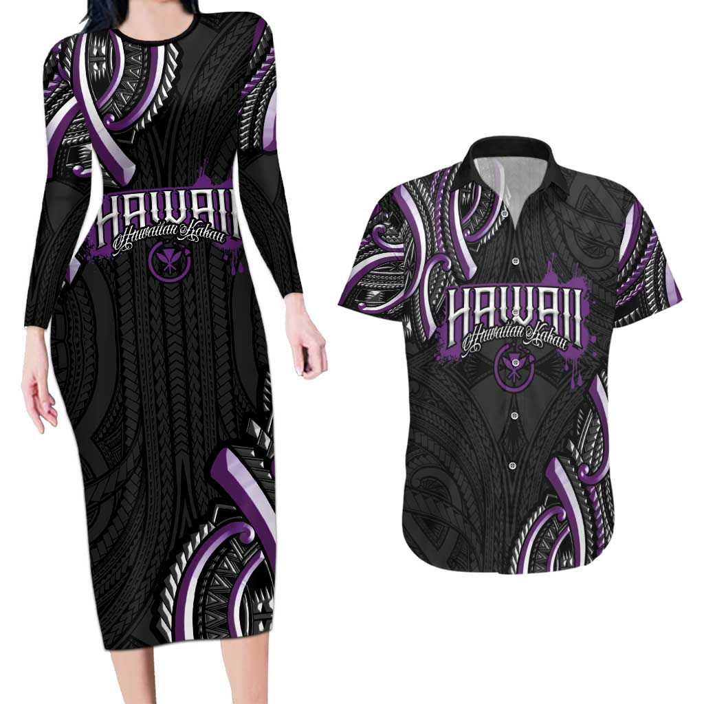 Traditional Art Hawaiian Kakau Tattoos Couples Matching Long Sleeve Bodycon Dress and Hawaiian Shirt Purple Color - Polynesian Pride