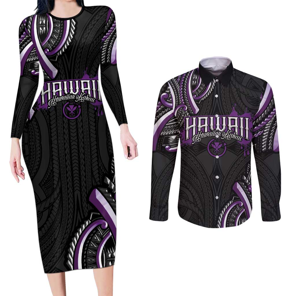 Traditional Art Hawaiian Kakau Tattoos Couples Matching Long Sleeve Bodycon Dress and Long Sleeve Button Shirt Purple Color - Polynesian Pride