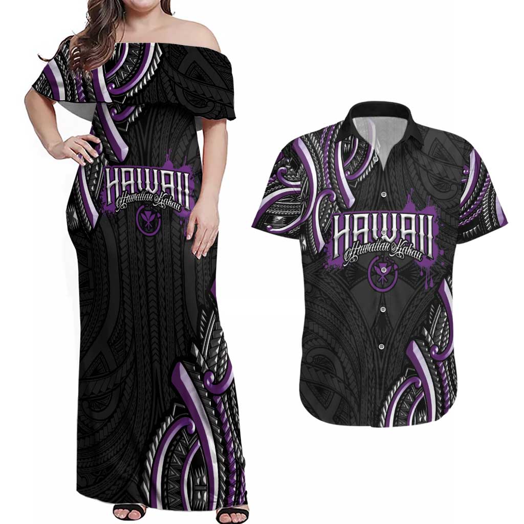 Traditional Art Hawaiian Kakau Tattoos Couples Matching Off Shoulder Maxi Dress and Hawaiian Shirt Purple Color - Polynesian Pride