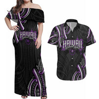 Traditional Art Hawaiian Kakau Tattoos Couples Matching Off Shoulder Maxi Dress and Hawaiian Shirt Purple Color - Polynesian Pride