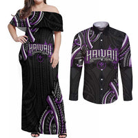 Traditional Art Hawaiian Kakau Tattoos Couples Matching Off Shoulder Maxi Dress and Long Sleeve Button Shirt Purple Color - Polynesian Pride