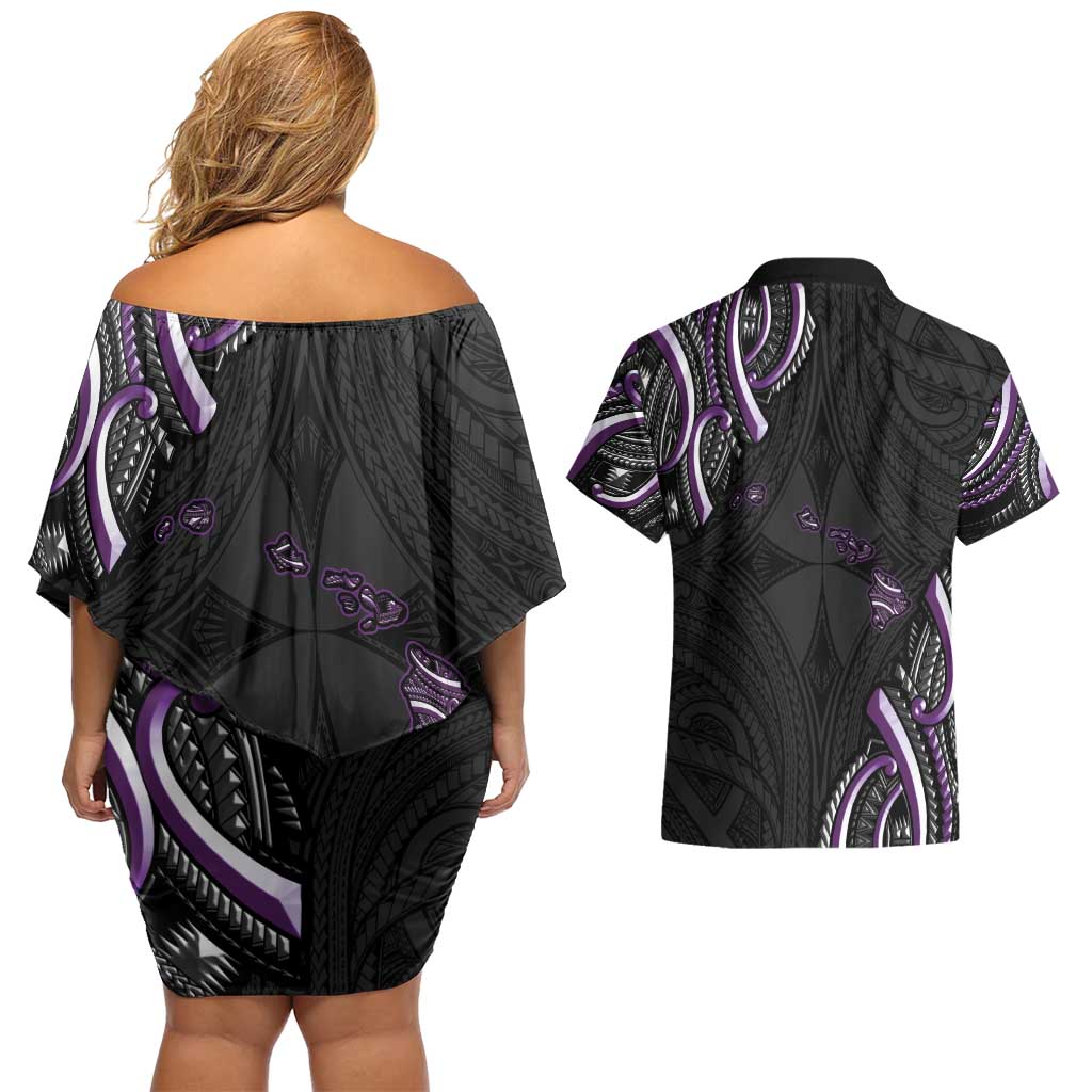 Traditional Art Hawaiian Kakau Tattoos Couples Matching Off Shoulder Short Dress and Hawaiian Shirt Purple Color - Polynesian Pride