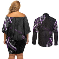 Traditional Art Hawaiian Kakau Tattoos Couples Matching Off Shoulder Short Dress and Long Sleeve Button Shirt Purple Color - Polynesian Pride