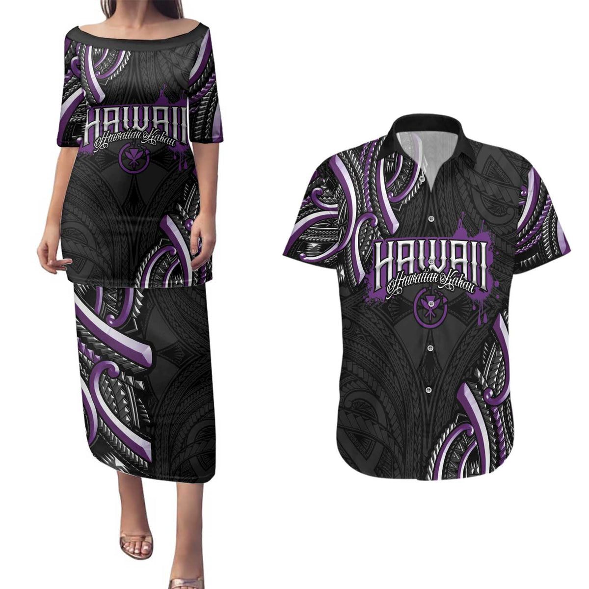 Traditional Art Hawaiian Kakau Tattoos Couples Matching Puletasi and Hawaiian Shirt Purple Color LT03 Purple - Polynesian Pride