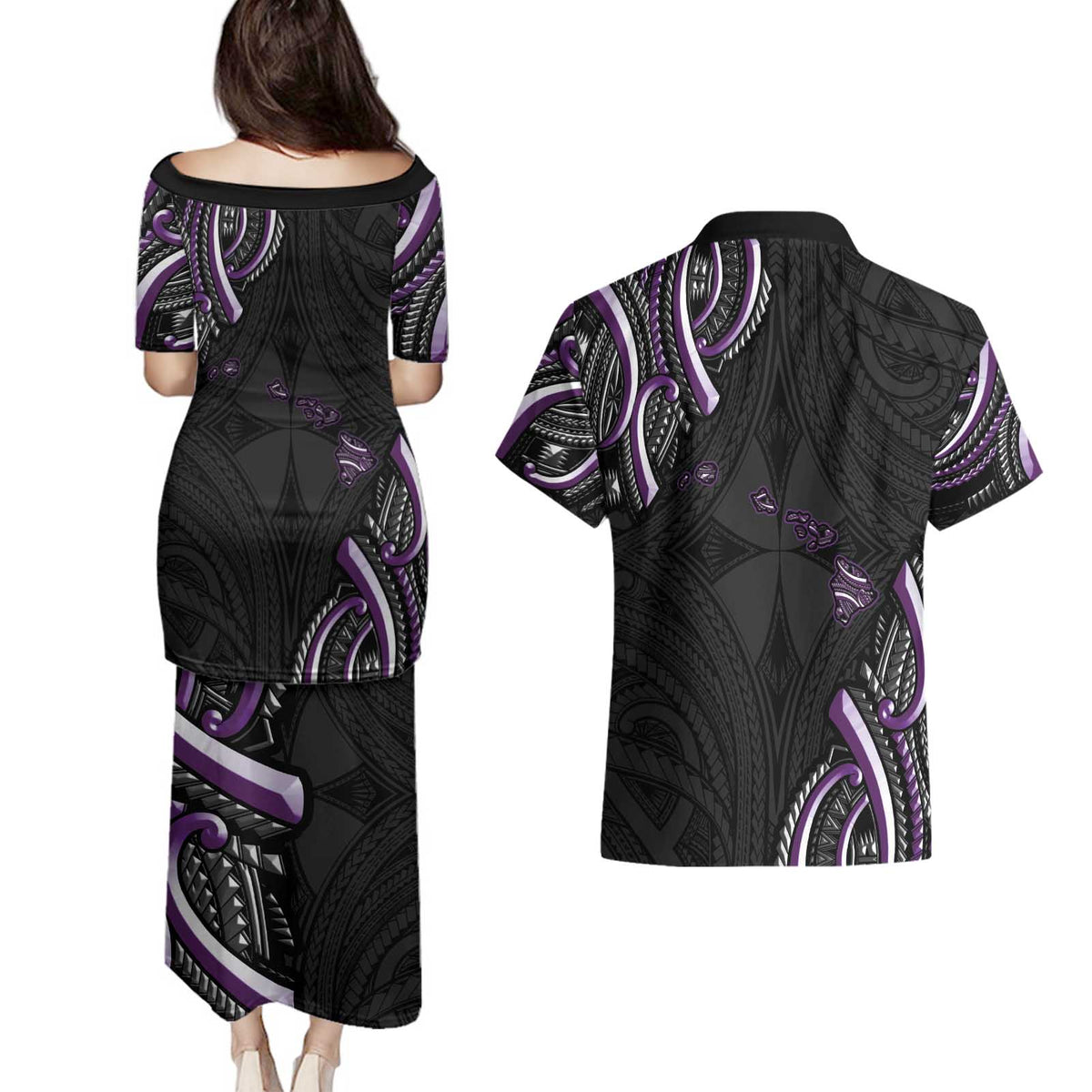 Traditional Art Hawaiian Kakau Tattoos Couples Matching Puletasi and Hawaiian Shirt Purple Color LT03 - Polynesian Pride
