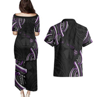 Traditional Art Hawaiian Kakau Tattoos Couples Matching Puletasi and Hawaiian Shirt Purple Color LT03 - Polynesian Pride