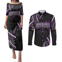 Traditional Art Hawaiian Kakau Tattoos Couples Matching Puletasi and Long Sleeve Button Shirt Purple Color LT03 Purple - Polynesian Pride