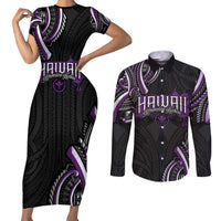 Traditional Art Hawaiian Kakau Tattoos Couples Matching Short Sleeve Bodycon Dress and Long Sleeve Button Shirt Purple Color - Polynesian Pride