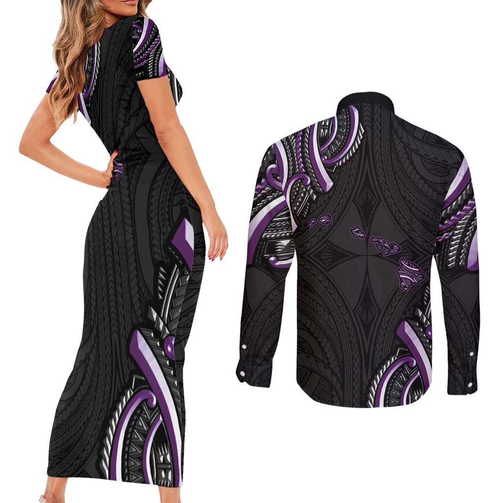 Traditional Art Hawaiian Kakau Tattoos Couples Matching Short Sleeve Bodycon Dress and Long Sleeve Button Shirt Purple Color - Polynesian Pride