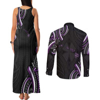 Traditional Art Hawaiian Kakau Tattoos Couples Matching Tank Maxi Dress and Long Sleeve Button Shirt Purple Color - Polynesian Pride