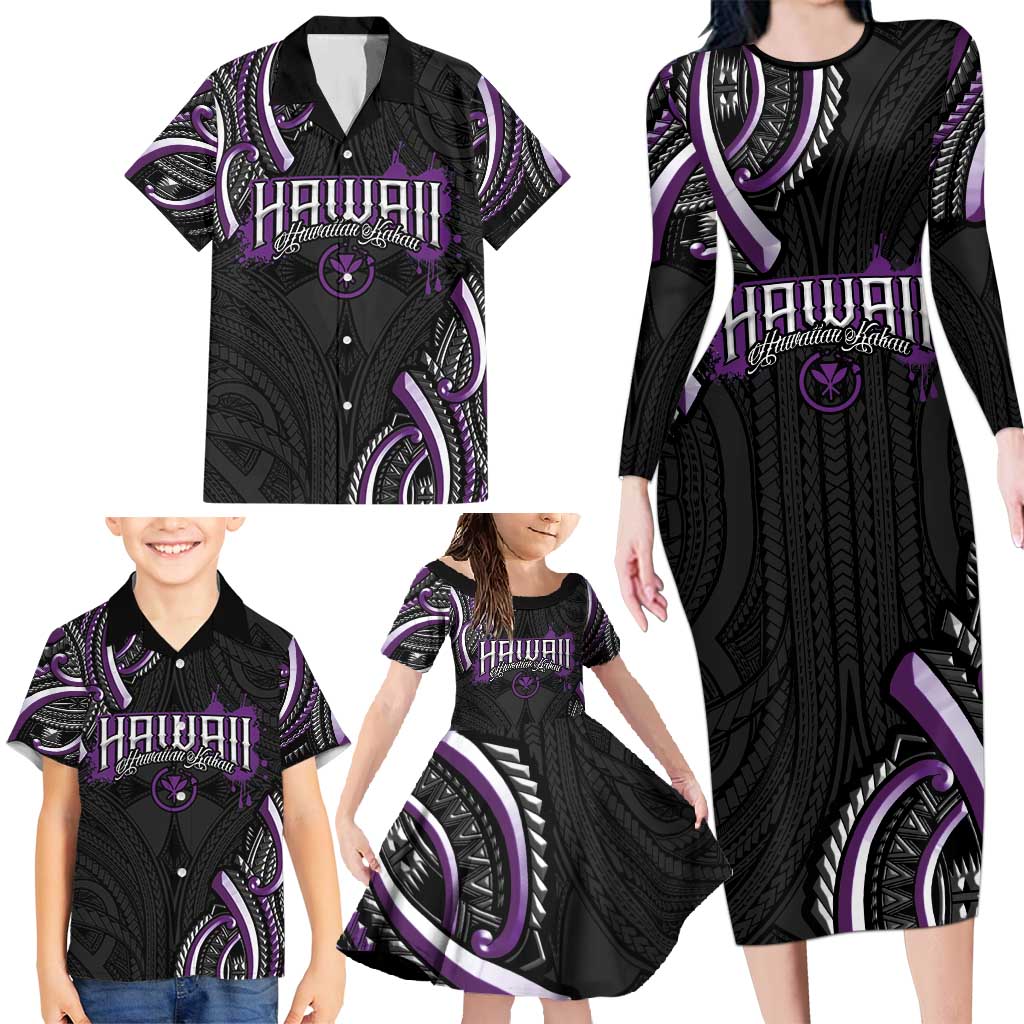 Traditional Art Hawaiian Kakau Tattoos Family Matching Long Sleeve Bodycon Dress and Hawaiian Shirt Purple Color - Polynesian Pride