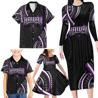 Traditional Art Hawaiian Kakau Tattoos Family Matching Long Sleeve Bodycon Dress and Hawaiian Shirt Purple Color - Polynesian Pride