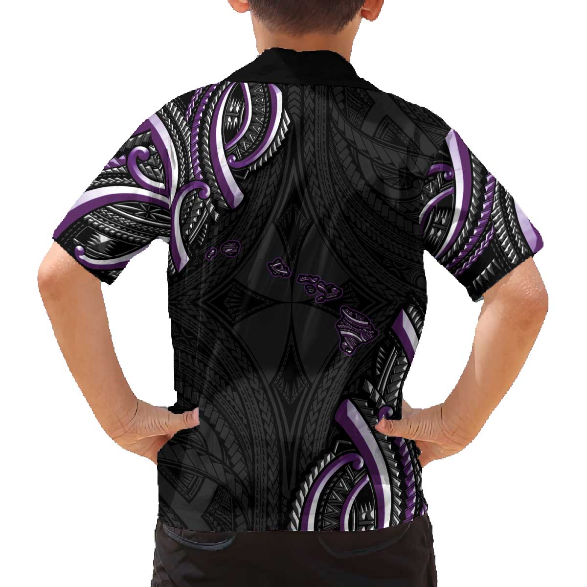 Traditional Art Hawaiian Kakau Tattoos Family Matching Off The Shoulder Long Sleeve Dress and Hawaiian Shirt Purple Color - Polynesian Pride