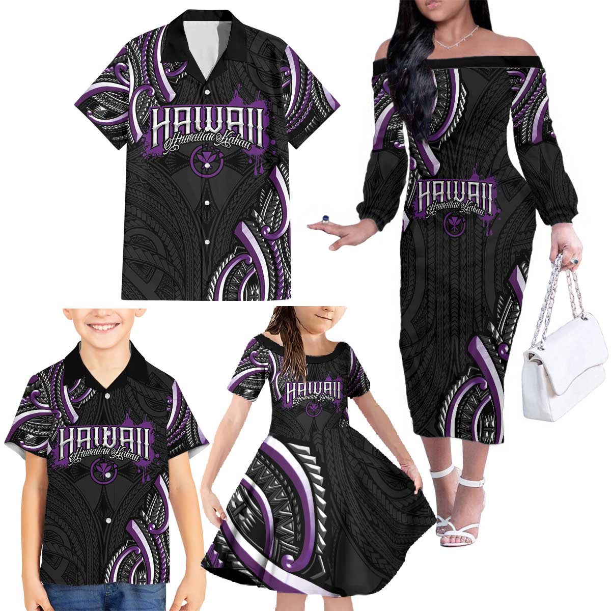 Traditional Art Hawaiian Kakau Tattoos Family Matching Off The Shoulder Long Sleeve Dress and Hawaiian Shirt Purple Color - Polynesian Pride