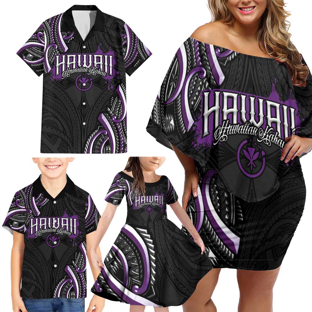 Traditional Art Hawaiian Kakau Tattoos Family Matching Off Shoulder Short Dress and Hawaiian Shirt Purple Color LT03 - Polynesian Pride