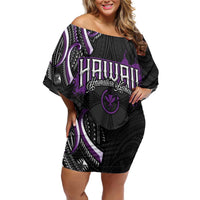 Traditional Art Hawaiian Kakau Tattoos Family Matching Off Shoulder Short Dress and Hawaiian Shirt Purple Color LT03 Mom's Dress Purple - Polynesian Pride