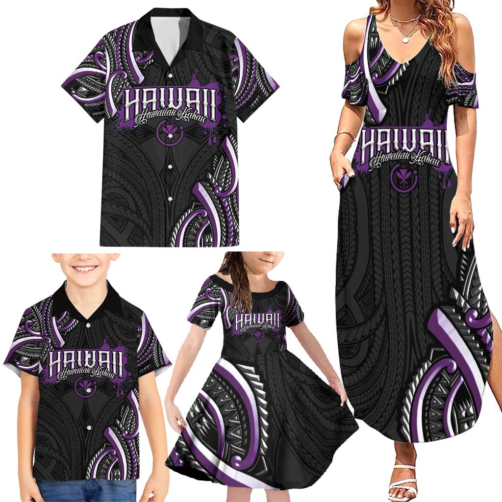 Traditional Art Hawaiian Kakau Tattoos Family Matching Summer Maxi Dress and Hawaiian Shirt Purple Color LT03 - Polynesian Pride