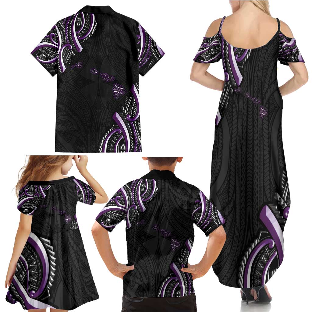 Traditional Art Hawaiian Kakau Tattoos Family Matching Summer Maxi Dress and Hawaiian Shirt Purple Color LT03 - Polynesian Pride