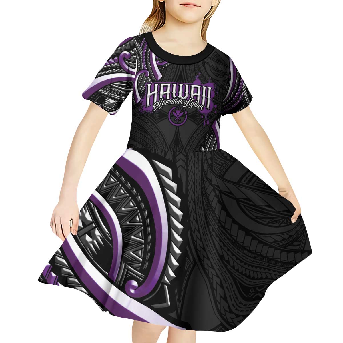 Traditional Art Hawaiian Kakau Tattoos Kid Short Sleeve Dress Purple Color LT03 - Polynesian Pride