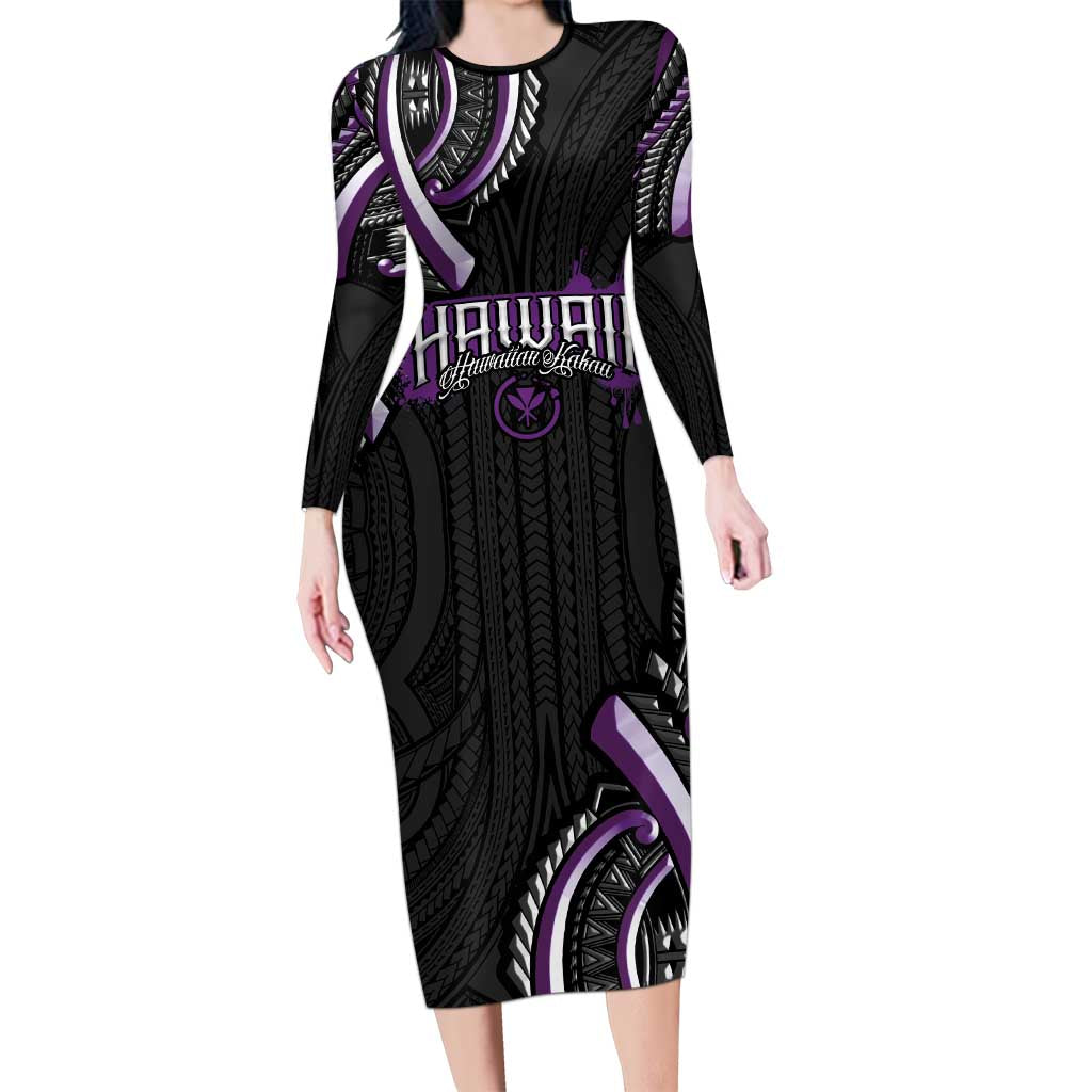 Traditional Art Hawaiian Kakau Tattoos Long Sleeve Bodycon Dress Purple Color LT03 Long Dress Purple - Polynesian Pride