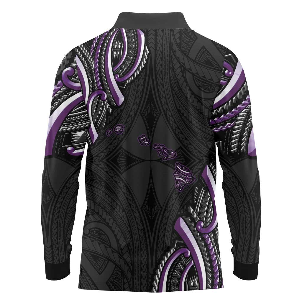 Traditional Art Hawaiian Kakau Tattoos Long Sleeve Polo Shirt Purple Color LT03 - Polynesian Pride