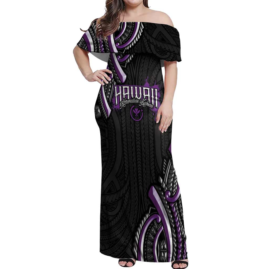 Traditional Art Hawaiian Kakau Tattoos Off Shoulder Maxi Dress Purple Color LT03 Women Purple - Polynesian Pride
