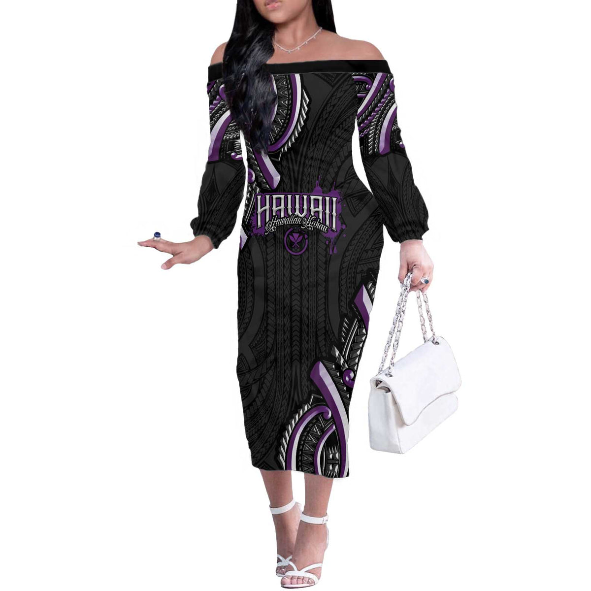 Traditional Art Hawaiian Kakau Tattoos Off The Shoulder Long Sleeve Dress Purple Color LT03 Women Purple - Polynesian Pride