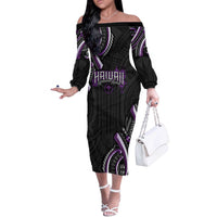 Traditional Art Hawaiian Kakau Tattoos Off The Shoulder Long Sleeve Dress Purple Color LT03 Women Purple - Polynesian Pride