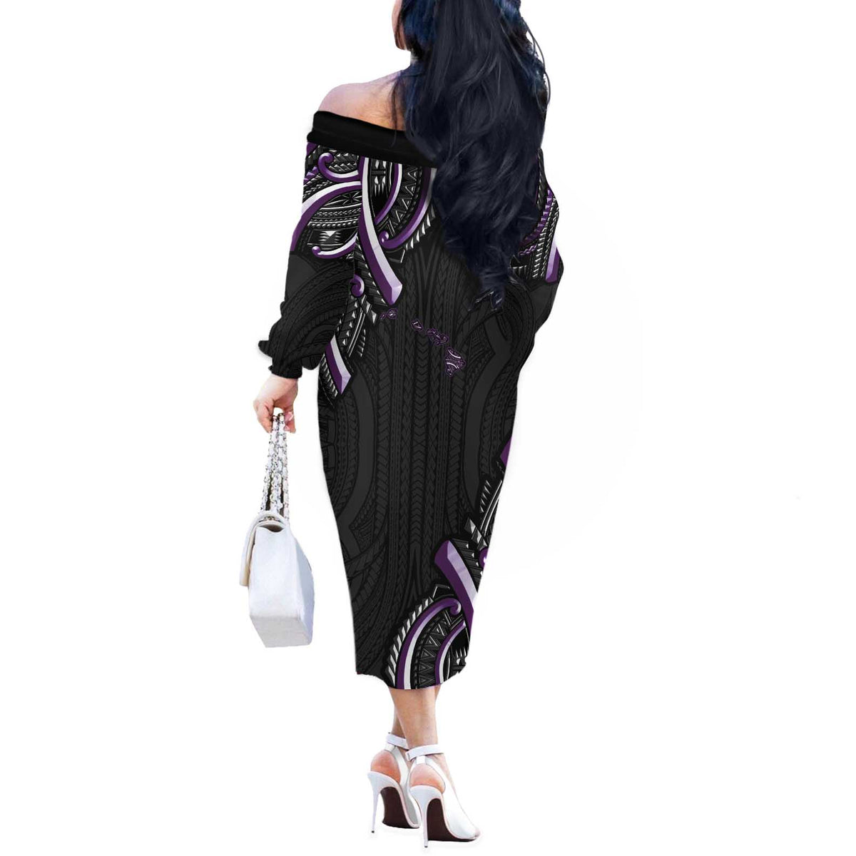 Traditional Art Hawaiian Kakau Tattoos Off The Shoulder Long Sleeve Dress Purple Color LT03 - Polynesian Pride
