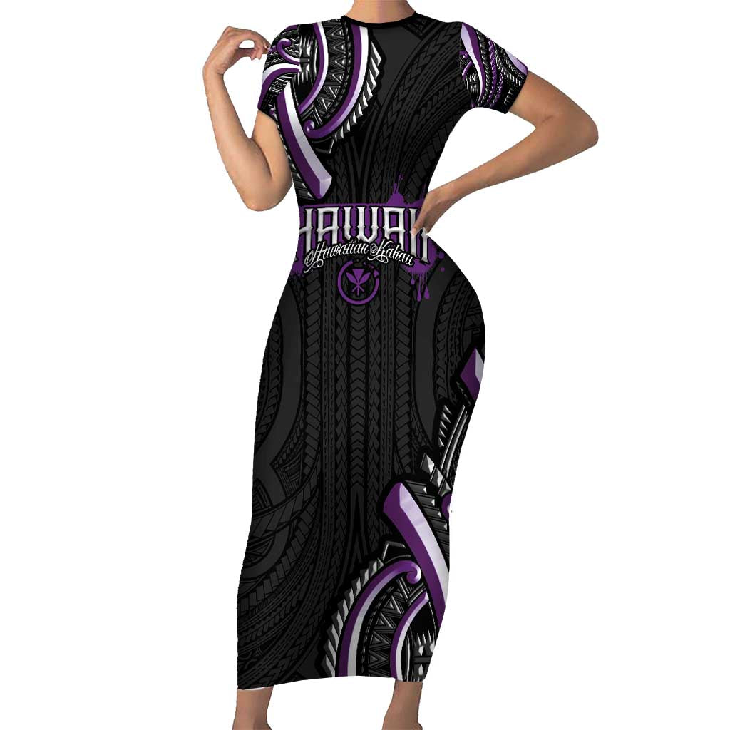 Traditional Art Hawaiian Kakau Tattoos Short Sleeve Bodycon Dress Purple Color LT03 Long Dress Purple - Polynesian Pride