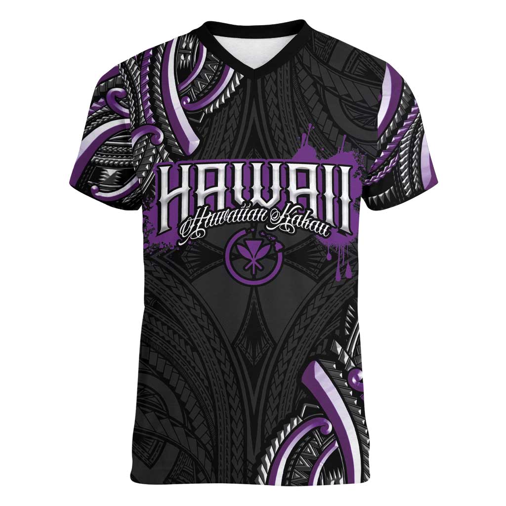 Traditional Art Hawaiian Kakau Tattoos Women V-Neck T-Shirt Purple Color LT03 Female Purple - Polynesian Pride