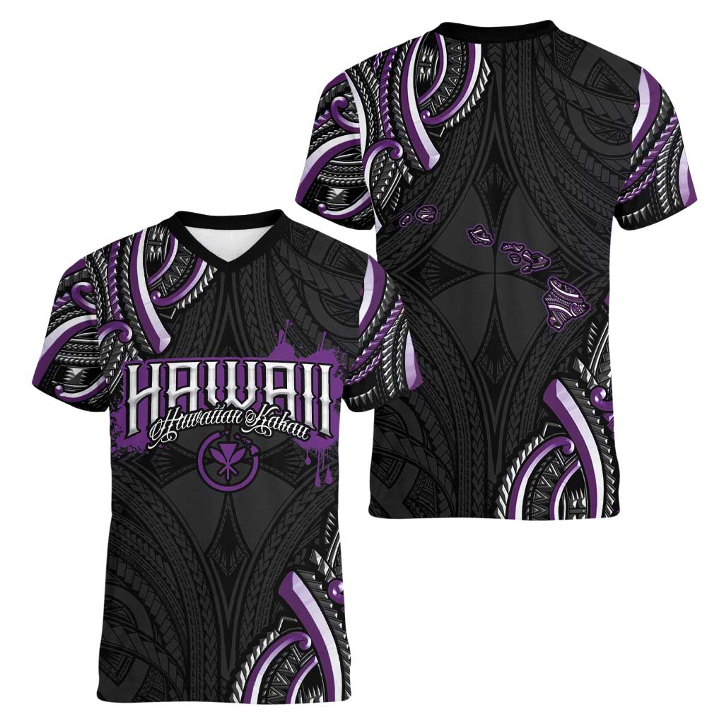Traditional Art Hawaiian Kakau Tattoos Women V-Neck T-Shirt Purple Color LT03 - Polynesian Pride