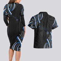 Traditional Art Hawaiian Kakau Tattoos Couples Matching Long Sleeve Bodycon Dress and Hawaiian Shirt Blue Color - Polynesian Pride